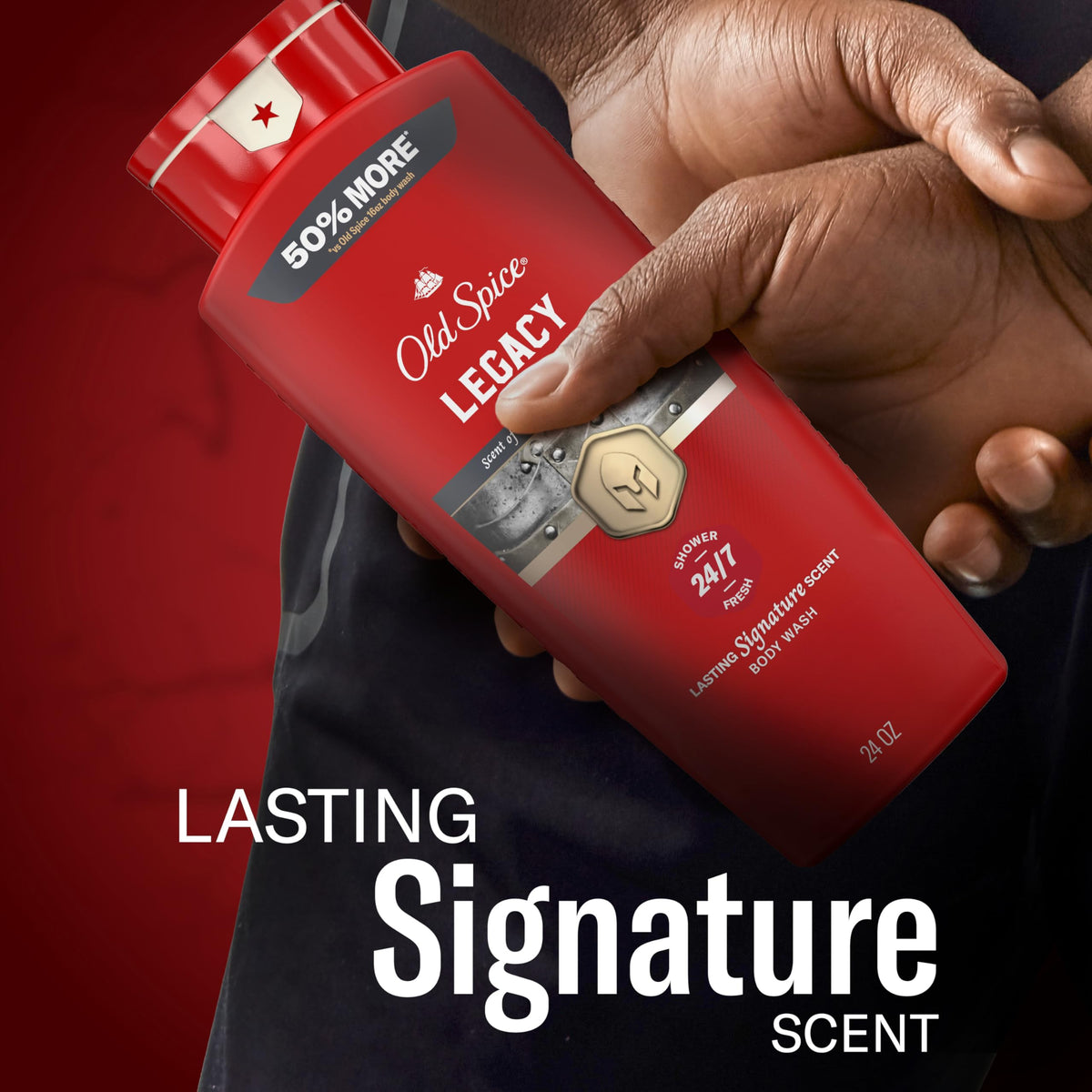 Man using Old Spice body wash in shower suggesting confidence and all-day freshness