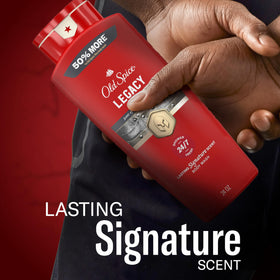 Man using Old Spice body wash in shower suggesting confidence and all-day freshness