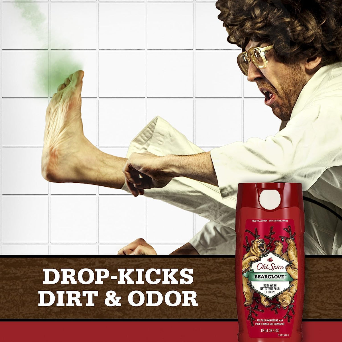 Old Spice on loofah creating rich foam demonstrating strong sudsing benefit