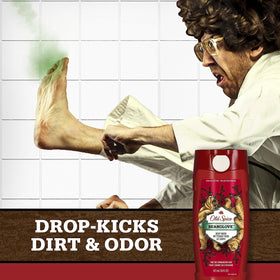 Old Spice on loofah creating rich foam demonstrating strong sudsing benefit