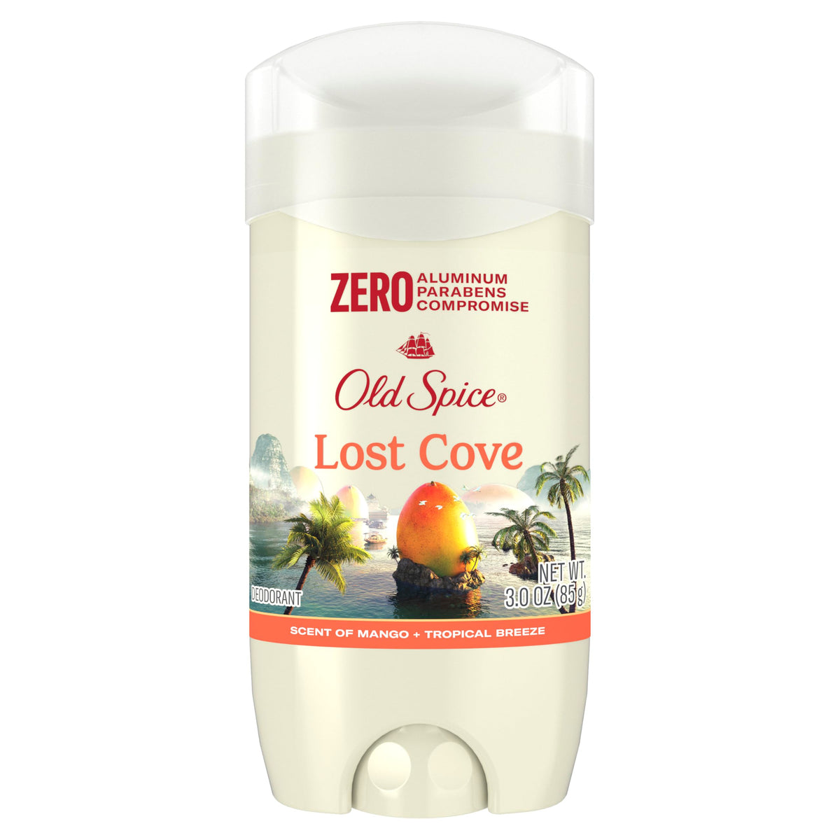 Old Spice front packaging showing Lost Cove scent and aluminum-free benefit