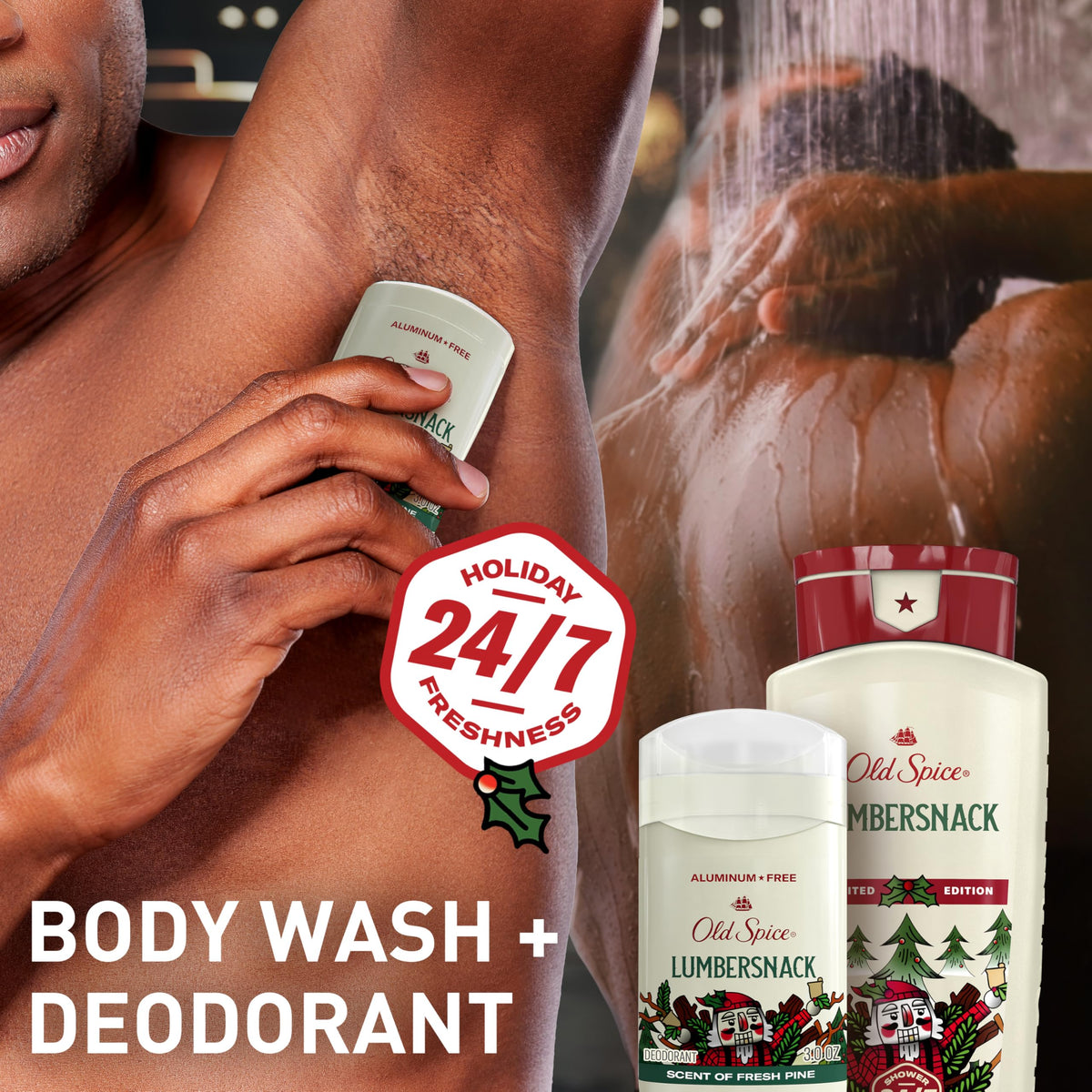 Old Spice LumberSnack cap and label detail showing limited-edition Holidude design benefit
