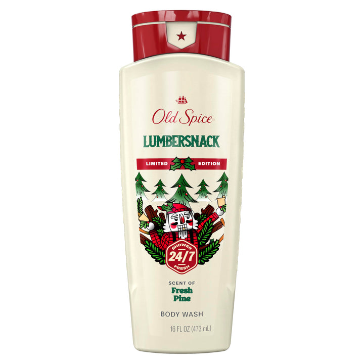 Old Spice LumberSnack front bottle showing fresh pine scent and festive design