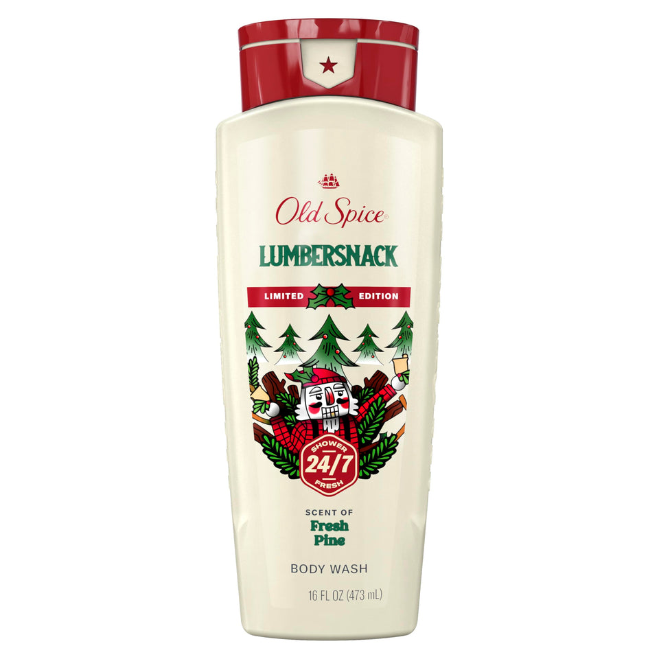 Old Spice LumberSnack front bottle showing fresh pine scent and festive design