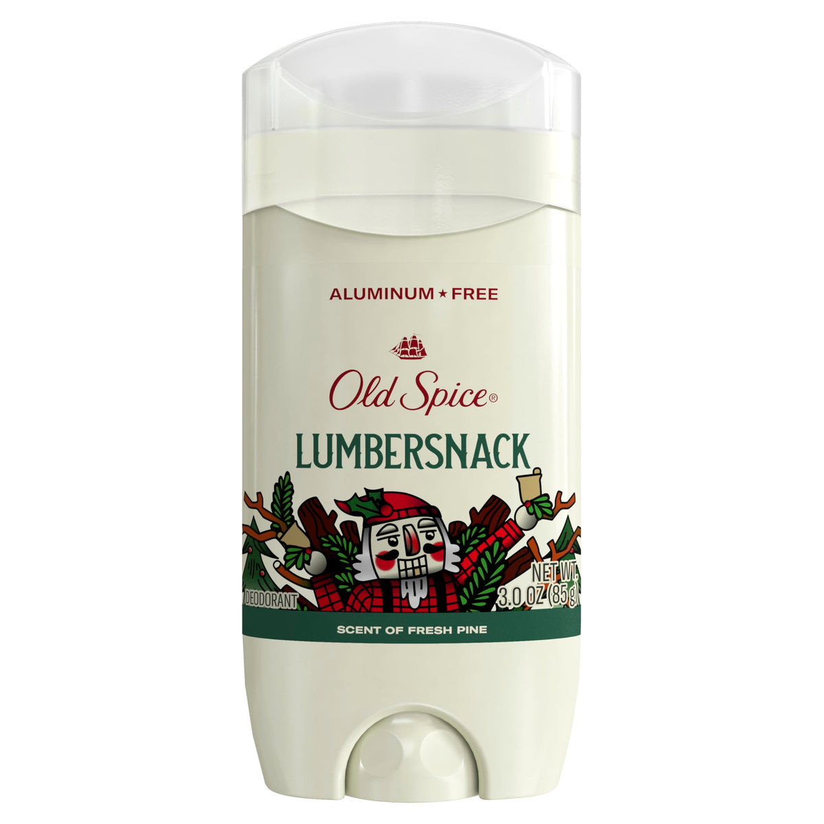 Old Spice LumberSnack front pack showing festive label and Fresh Pine scent benefit