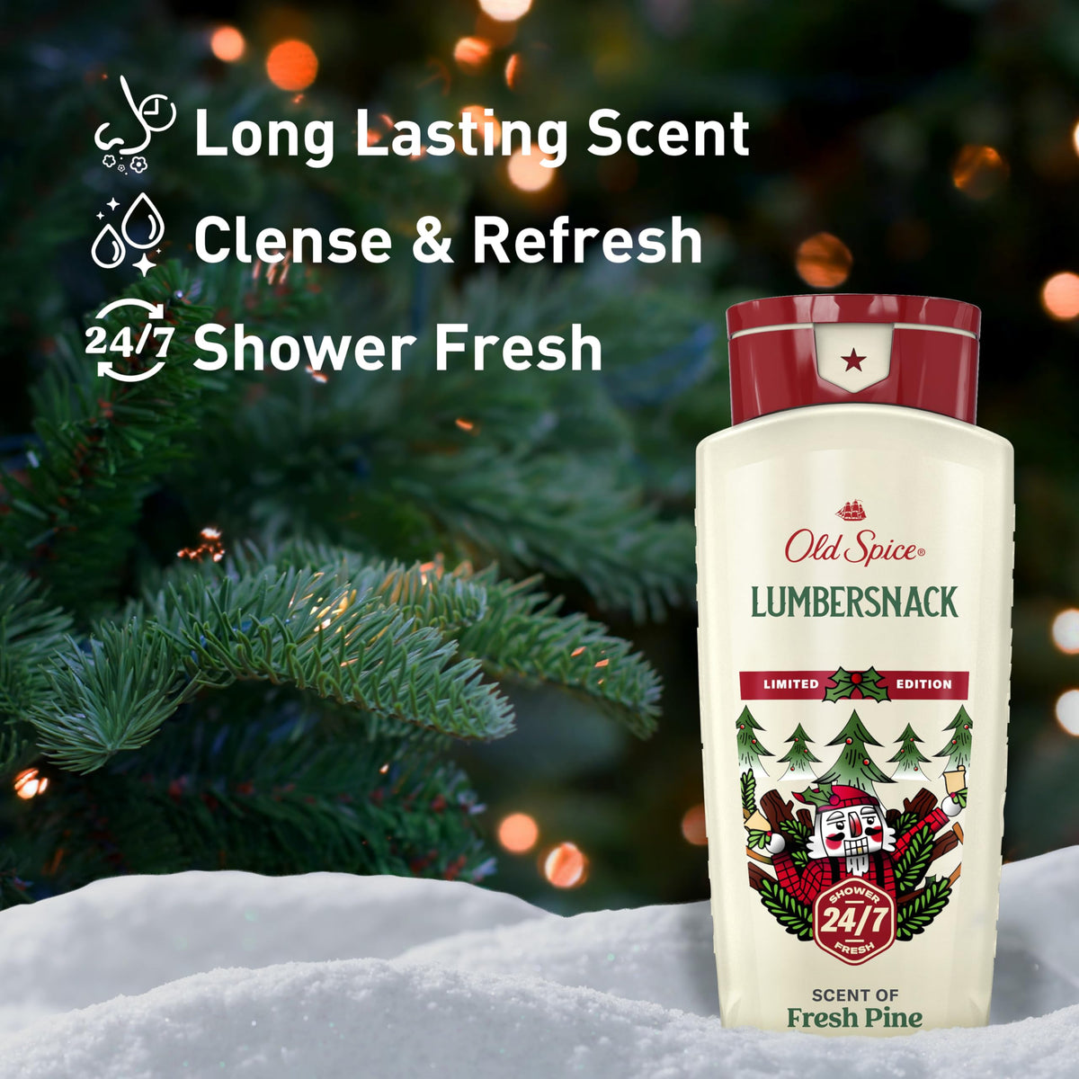 Old Spice LumberSnack close-up of label highlighting scent name and holiday edition