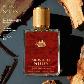 Old Spice label close-up highlighting Midnight Moon scent name and notes