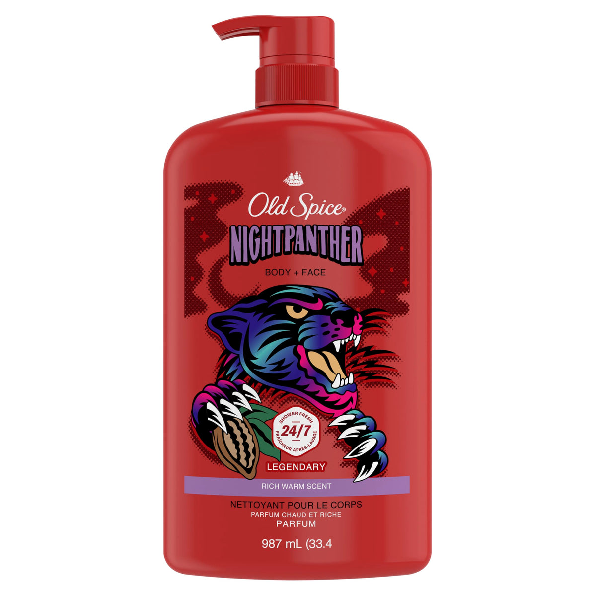 Old Spice NightPanther front packaging showing large 33.4 oz bottle and bold branding for long-lasting supply