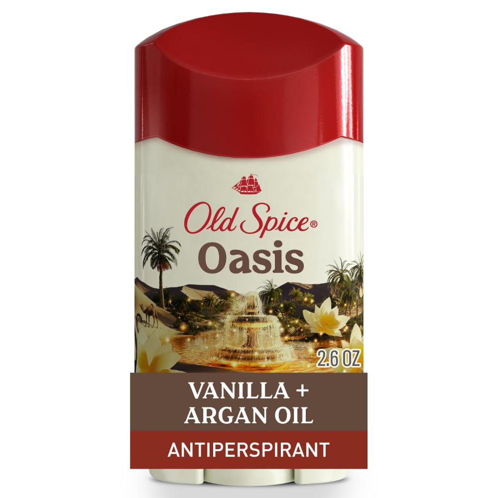 Old Spice front packaging showing Oasis scent and 2.6 oz size for daily protection