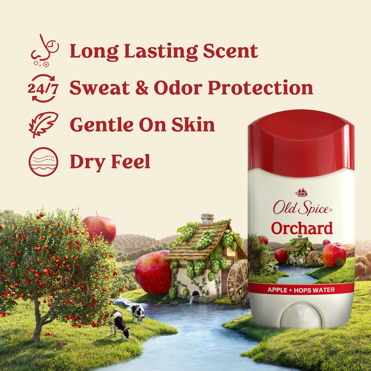 Old Spice Orchard close-up of side label highlighting protection benefits