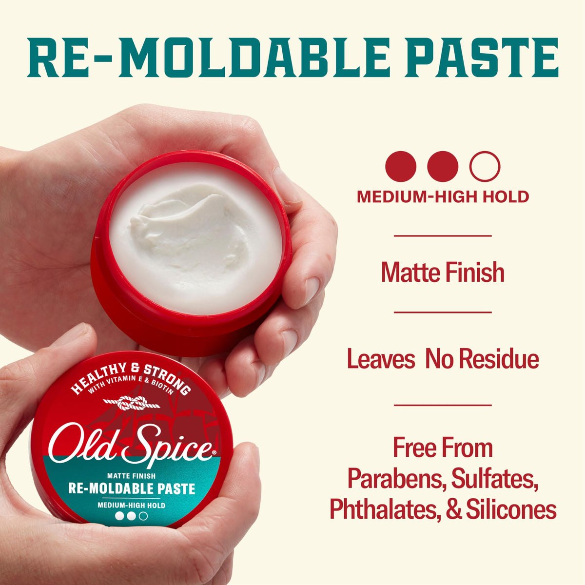 Old Spice paste next to everyday items for scale, showcases compact 2.22 oz jar