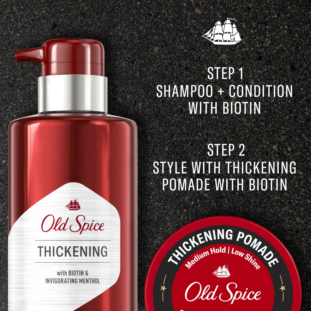 Old Spice label close-up showing biotin ingredient for thicker-looking hair