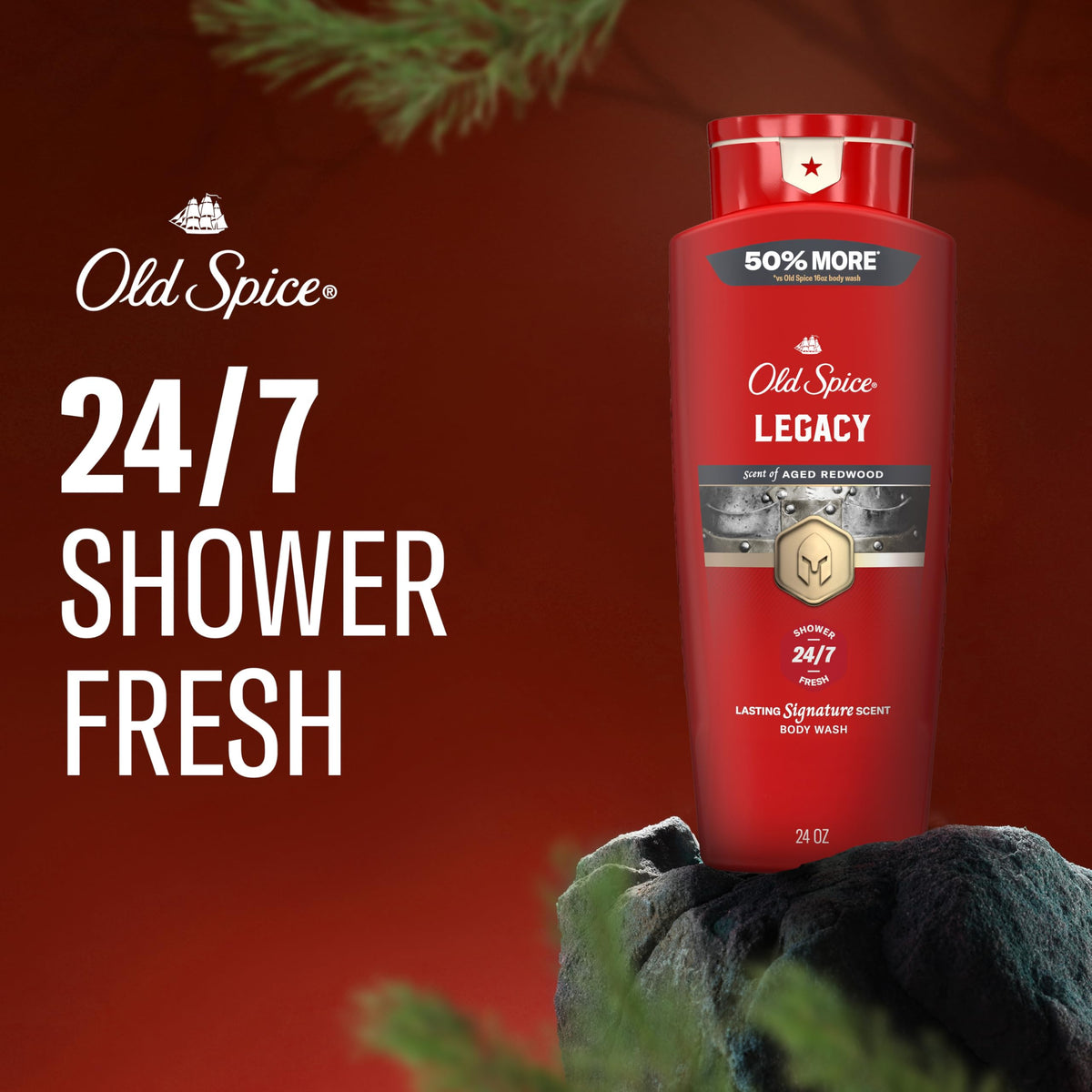 Old Spice pouring lather into hand demonstrating rich foam and easy rinse