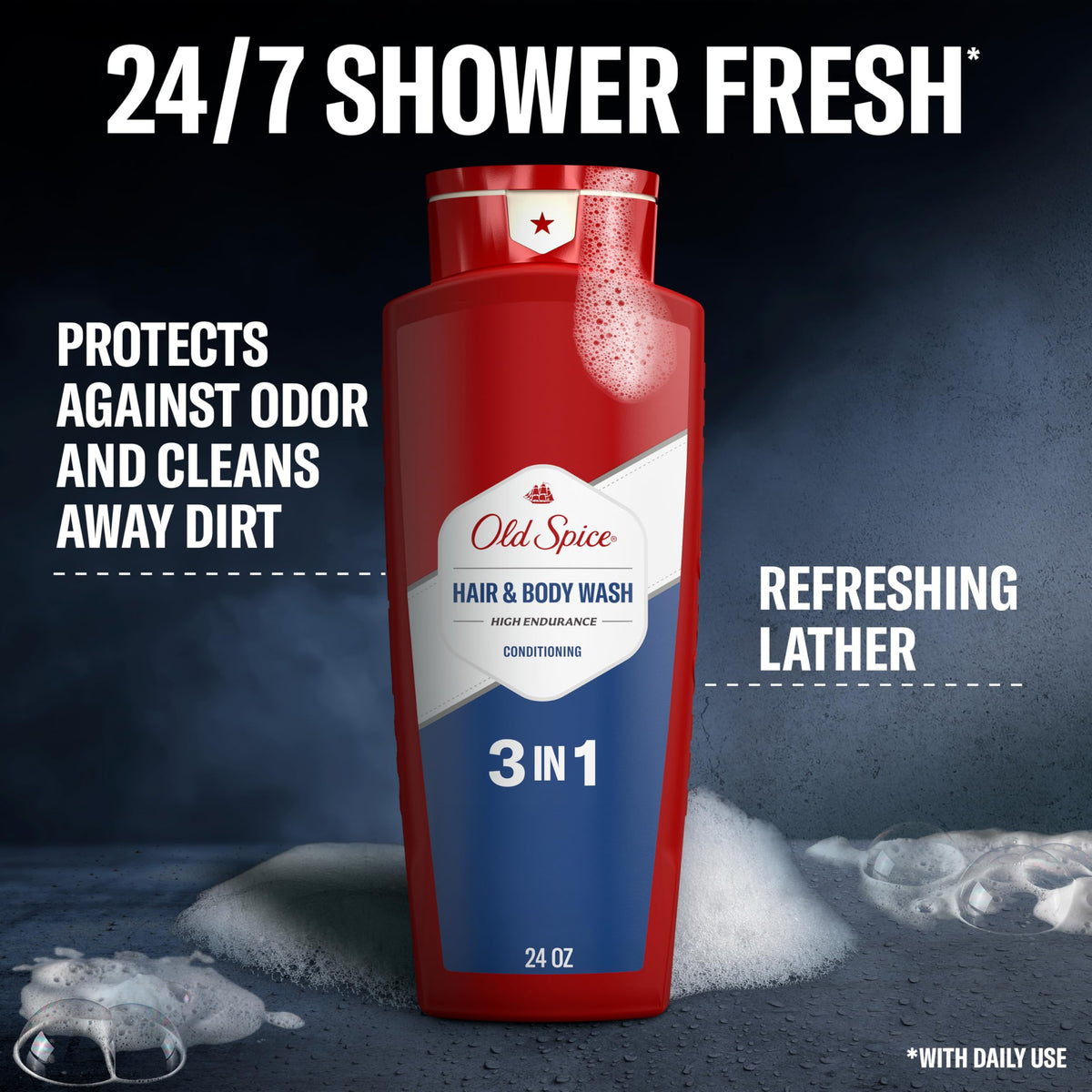 Old Spice lather texture pouring with rich foam for easy cleansing