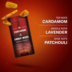 Old Spice product on wood surface highlighting warm amber-wood scent benefit
