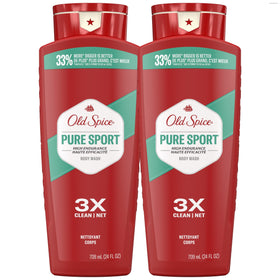Old Spice front packaging showing Pure Sport scent and 24 oz size, highlighting shelf-ready design