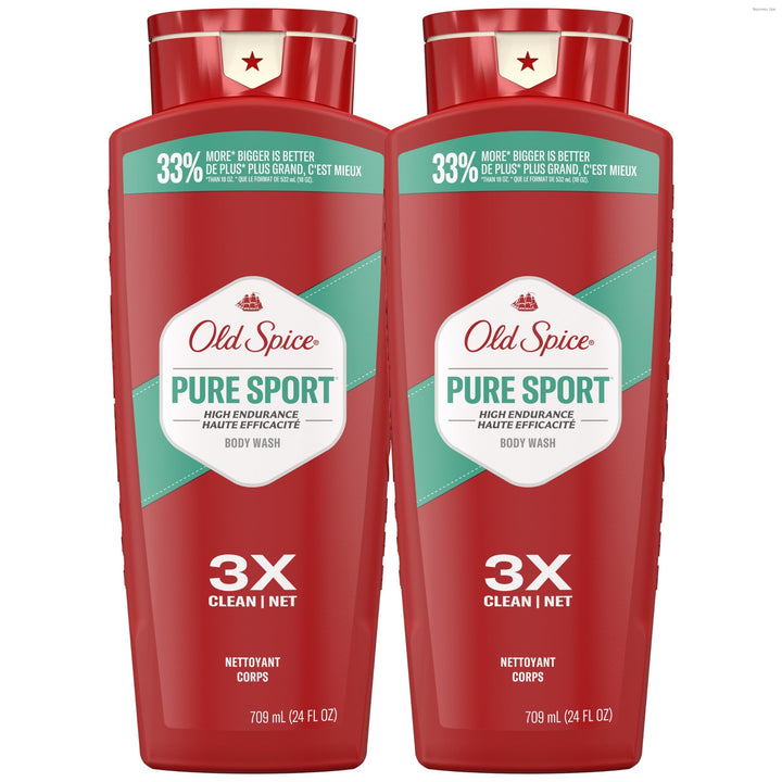 Old Spice front packaging showing Pure Sport scent and 24 oz size, highlighting shelf-ready design