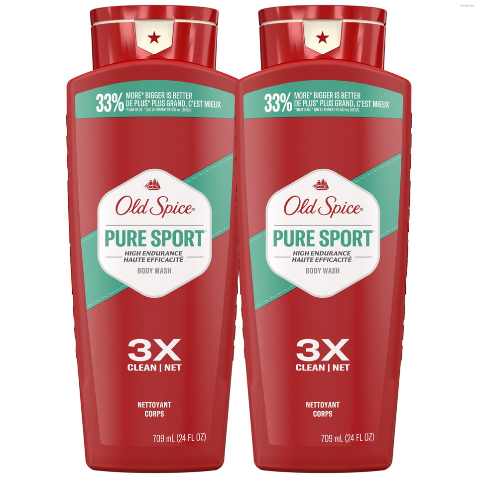 Old Spice front packaging showing Pure Sport scent and 24 oz size, highlighting shelf-ready design