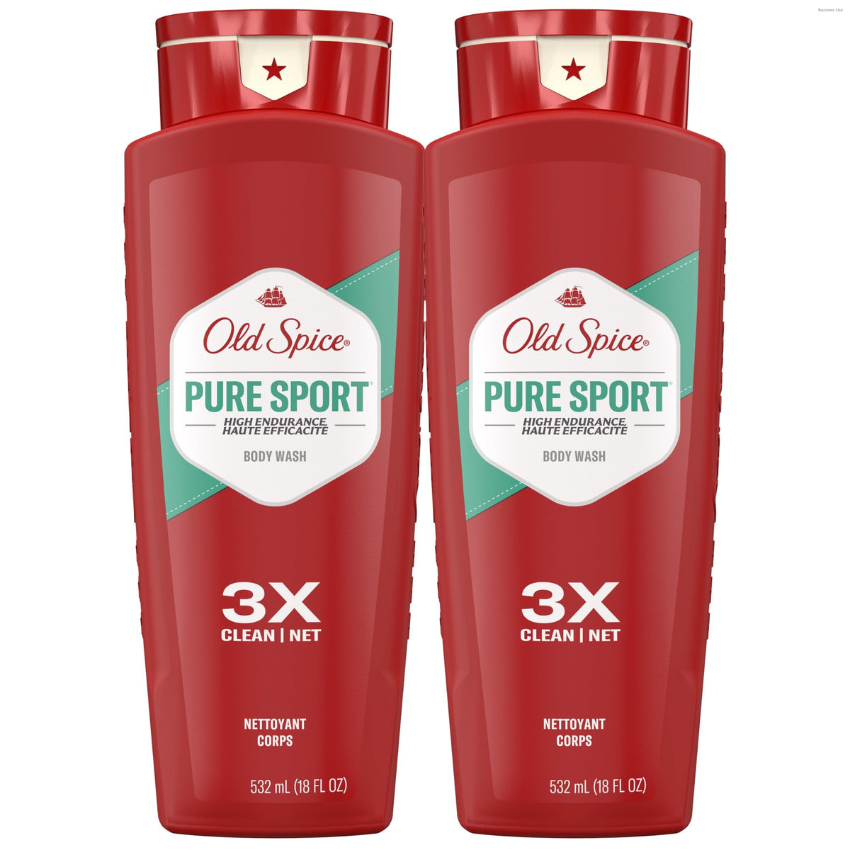 Old Spice bottle front packaging showing Pure Sport scent and long-lasting benefit
