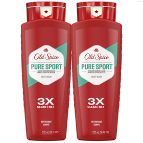 Old Spice bottle front packaging showing Pure Sport scent and long-lasting benefit