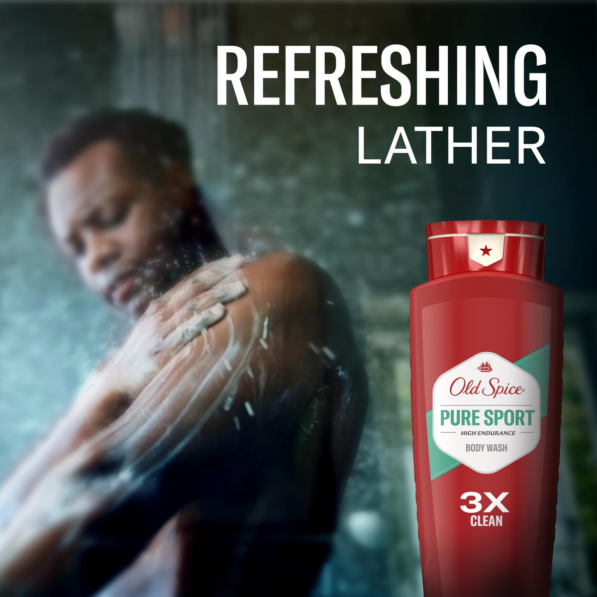 Old Spice body wash in active shower scene showing effective daily use and freshness