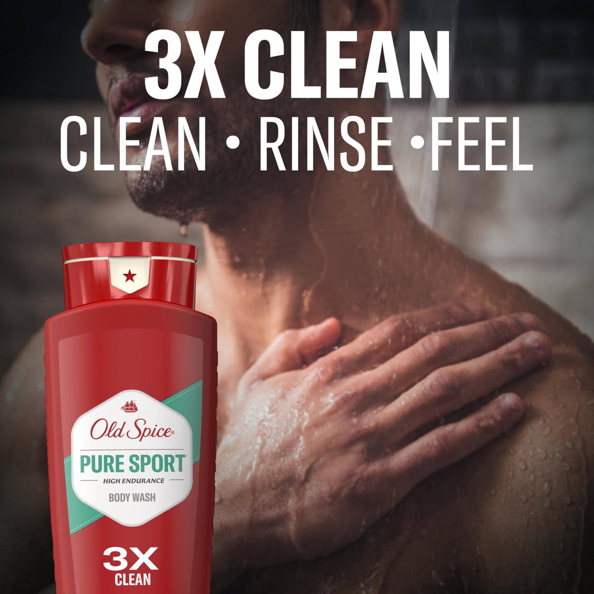 Man using Old Spice Pure Sport in shower illustrating active lifestyle freshness