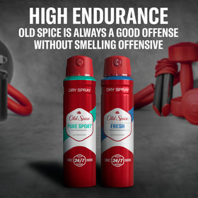Model applying Old Spice underarm spray illustrating easy use and immediate dryness benefit