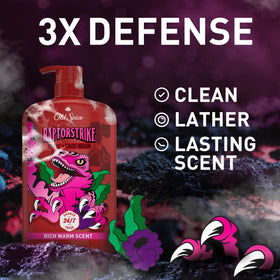 Old Spice Raptorstrike pump and label close-up revealing product details