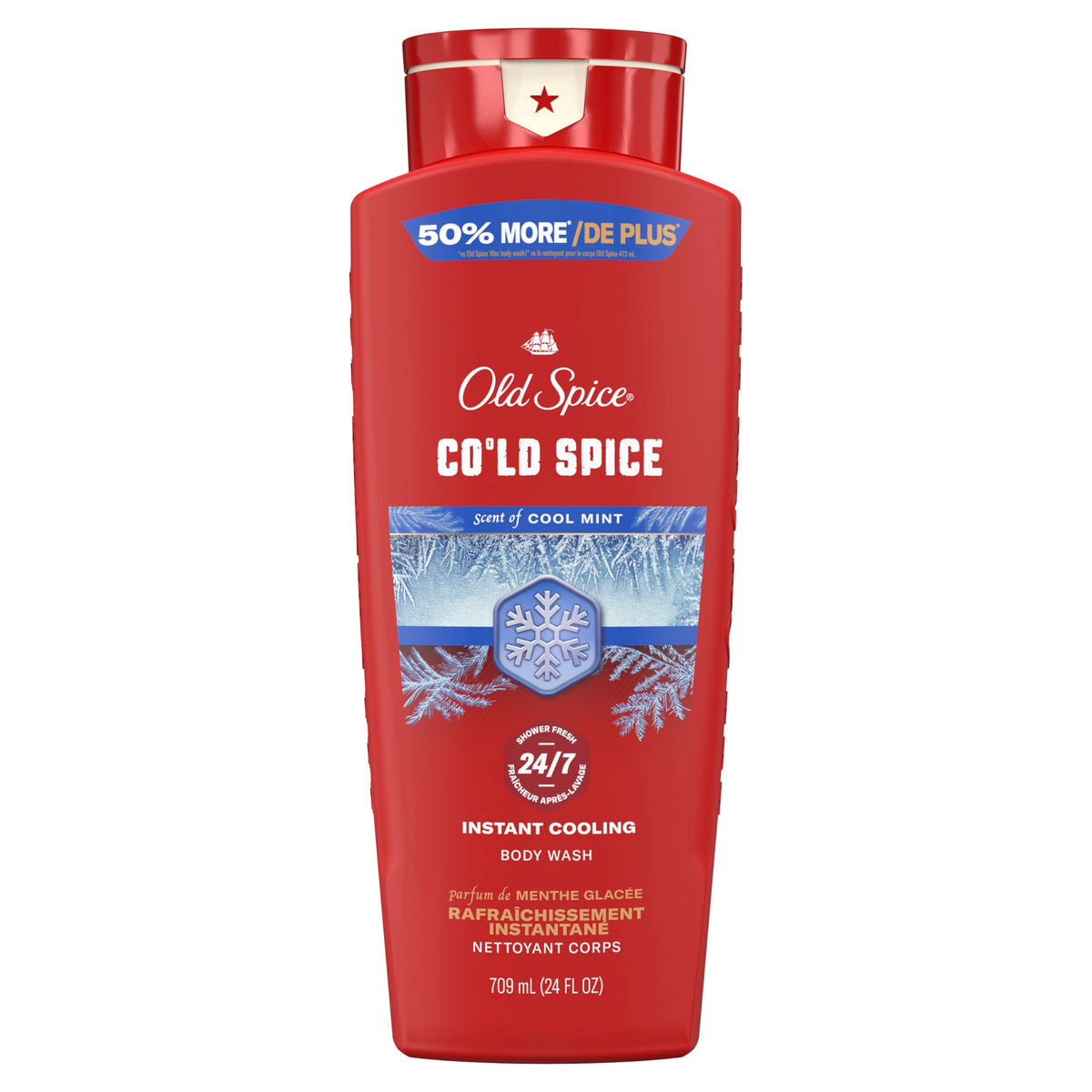 Old Spice front packaging showing 24 oz bottle and Cold Spice scent benefits