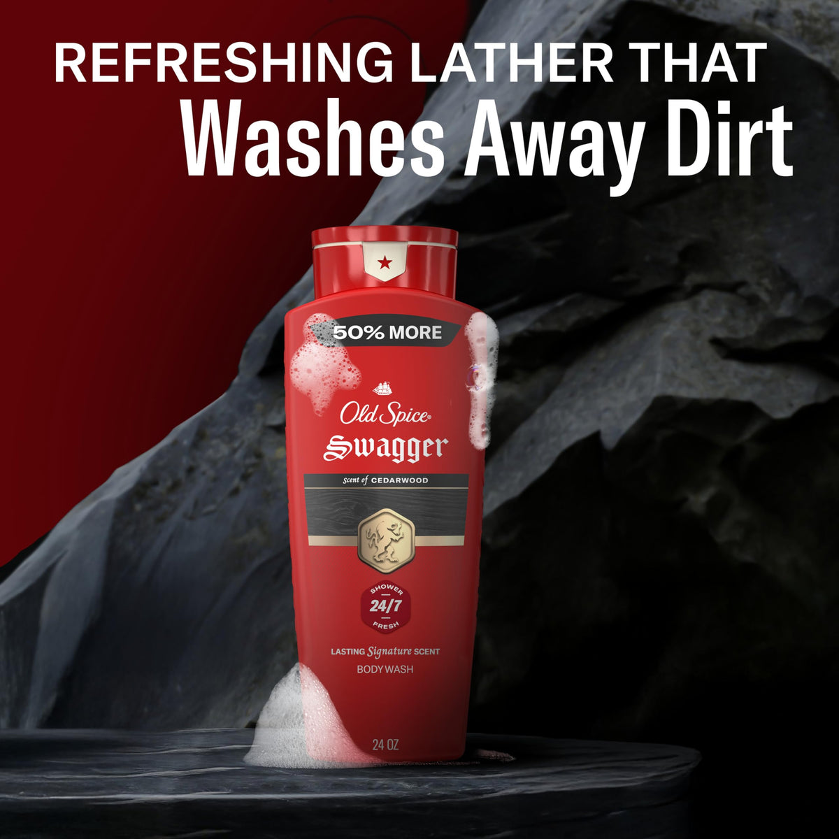 Old Spice bottle in a shower scene demonstrating lasting fresh scent during use
