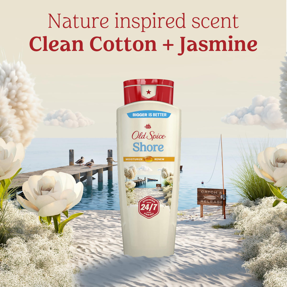 Old Spice scent still life with jasmine and cotton evoking fresh aromatic benefit
