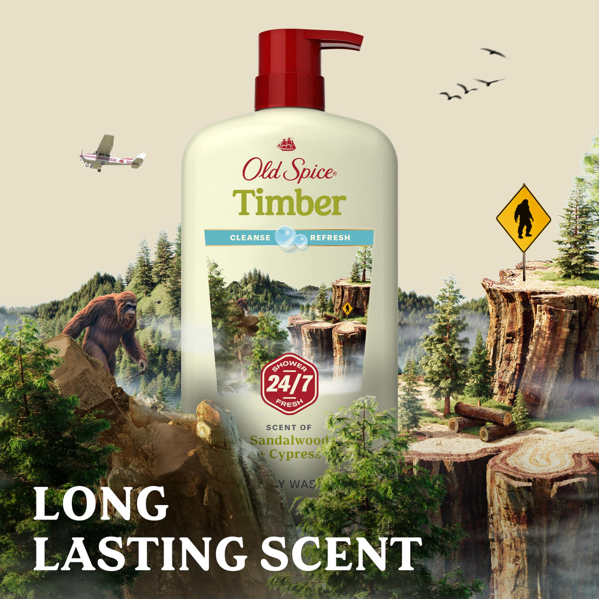 Old Spice scent visual with wood and cypress notes implying long-lasting aroma