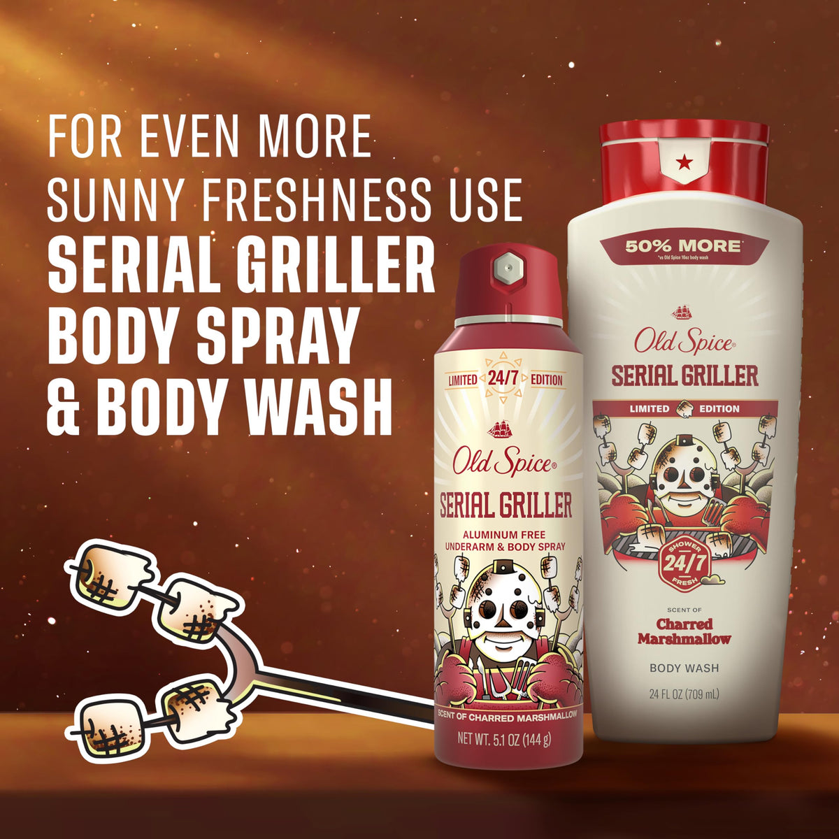 Old Spice Serial Griller styled with toasted marshmallow visuals suggesting scent profile