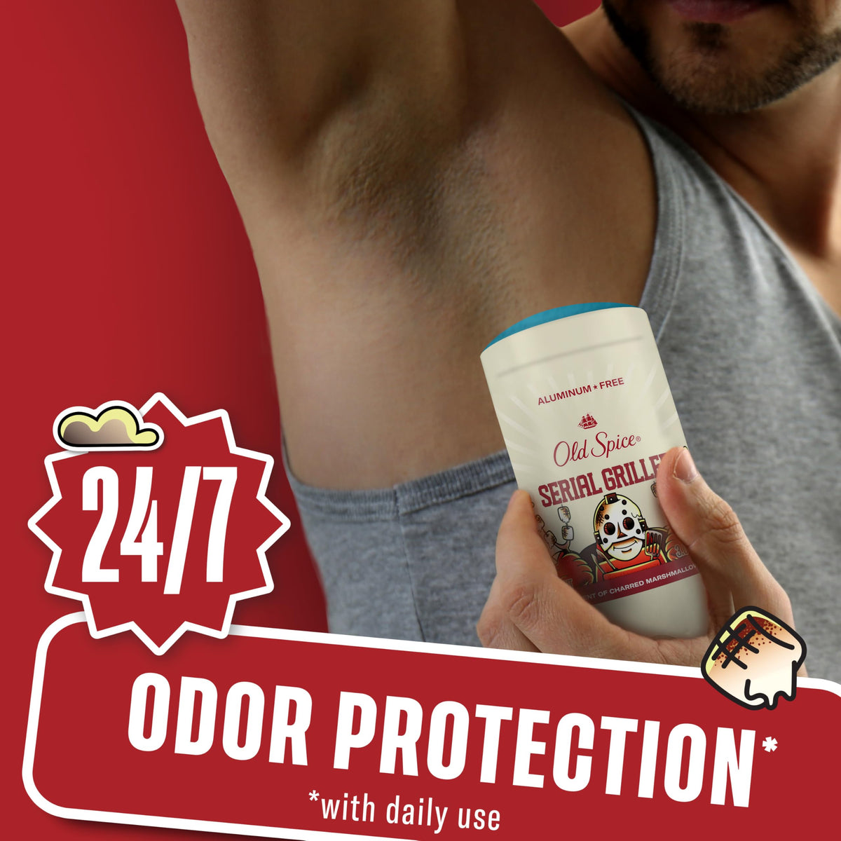 Old Spice Serial Griller label detail highlighting charred marshmallow scent