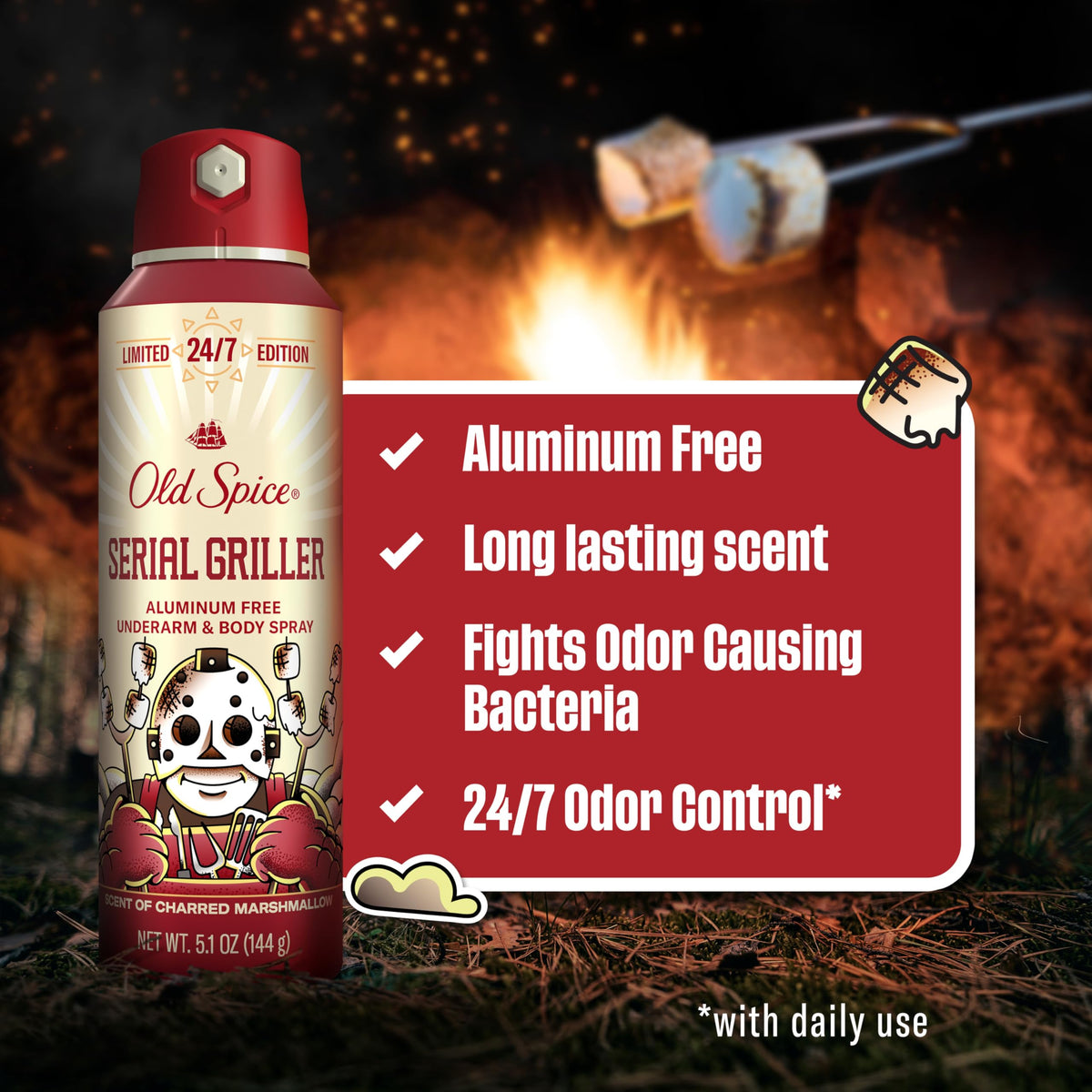 Old Spice Serial Griller side label detail highlighting aluminum-free formulation and features