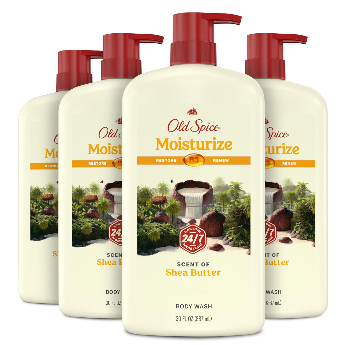 Old Spice bottle front packaging showing shea butter scent and benefits
