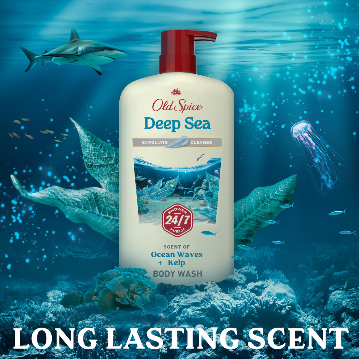 Old Spice next to common objects showing 30 oz size and value benefit