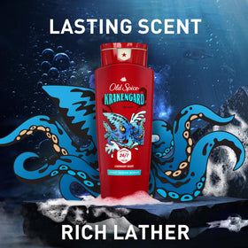 Old Spice bottle held in hand showing 24 oz size and long-lasting supply