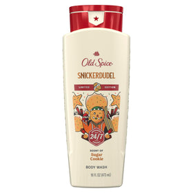 Old Spice Snickerdudel front packaging shows festive sugar cookie scent benefit