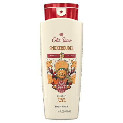 Old Spice Snickerdudel front packaging shows festive sugar cookie scent benefit
