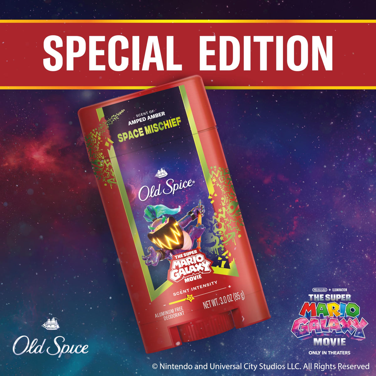 Old Spice Space Mischief stored on bathroom shelf suggesting daily routine compatibility