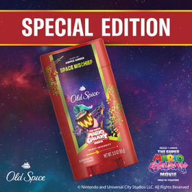 Old Spice Space Mischief stored on bathroom shelf suggesting daily routine compatibility