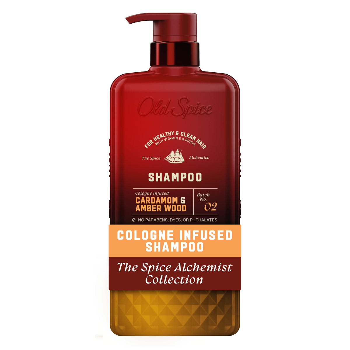 Old Spice bottle front view showing Spice Alchemist branding and scent benefits