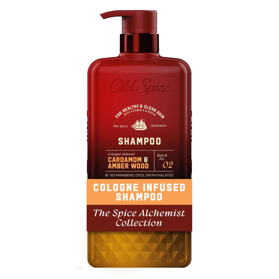 Old Spice bottle front view showing Spice Alchemist branding and scent benefits