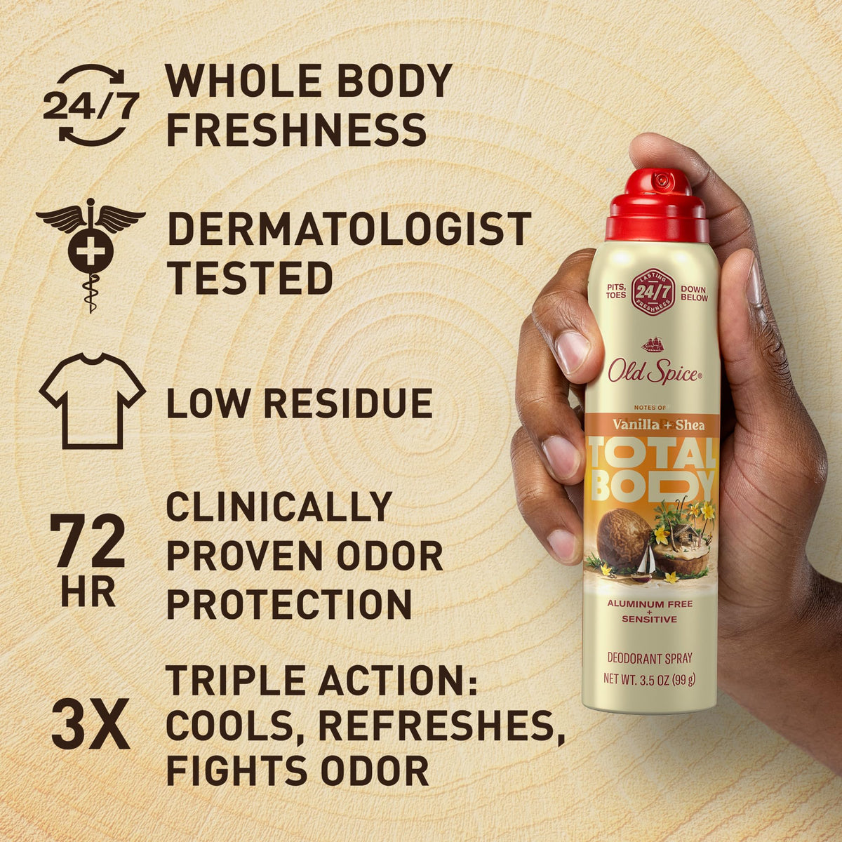 Old Spice spray applied to chest demonstrating quick no-touch freshness