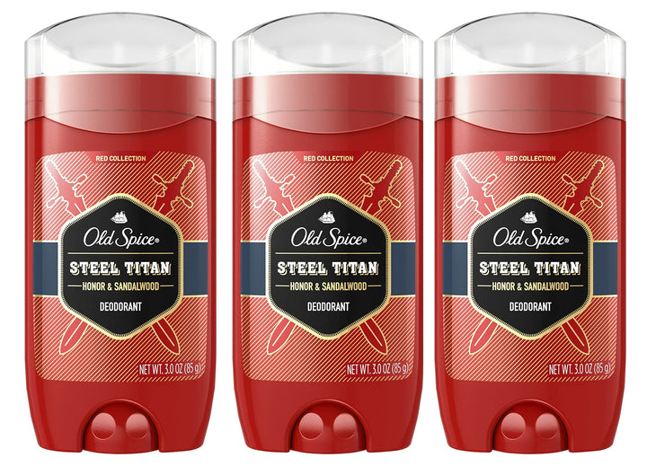 Old Spice Steel Titan front packaging showing three 3 oz sticks and bold scent