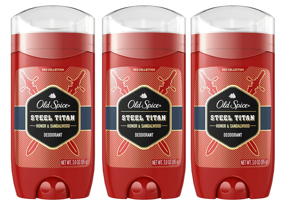 Old Spice Steel Titan front packaging showing three 3 oz sticks and bold scent