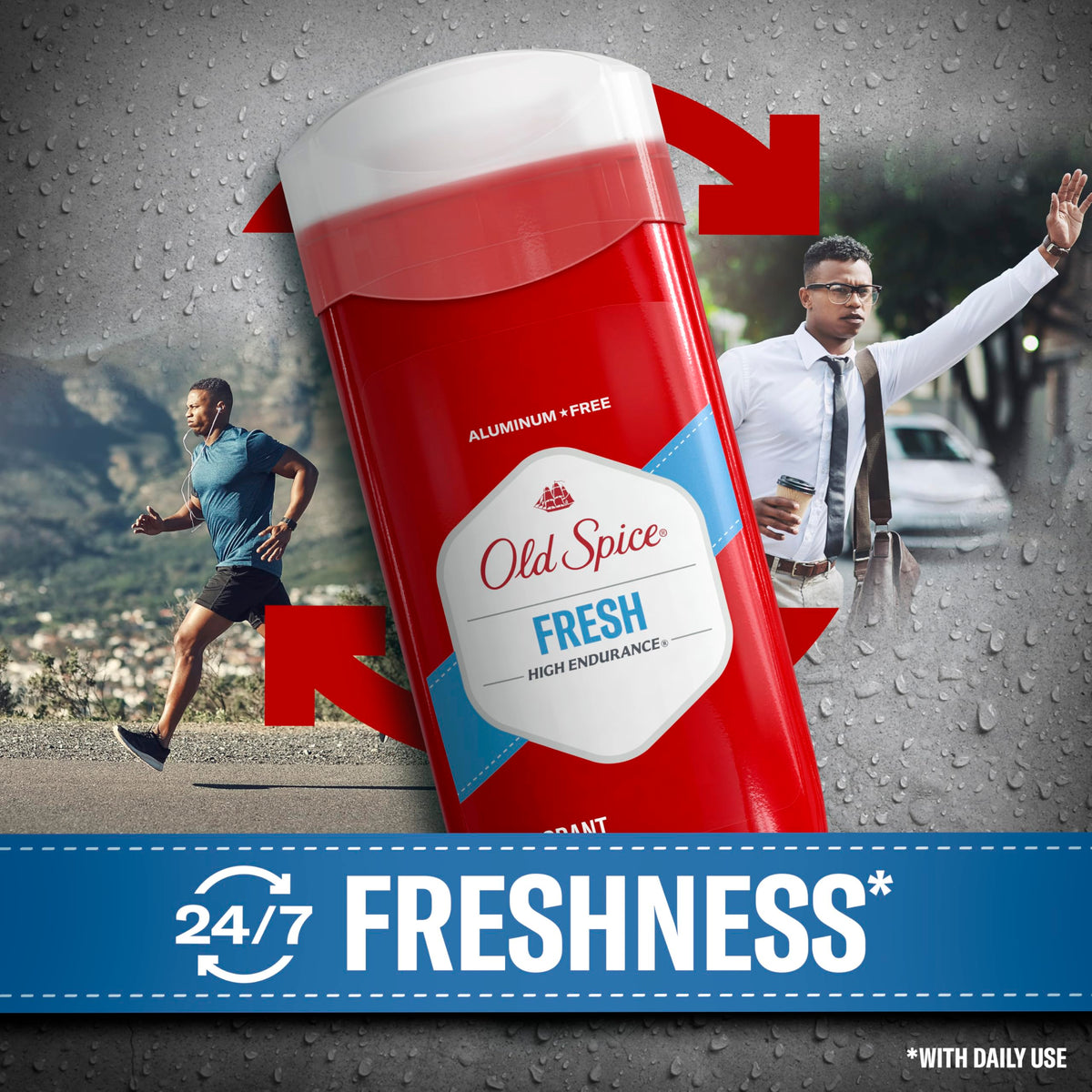 Old Spice open stick close-up showing solid clear product, easy application benefit