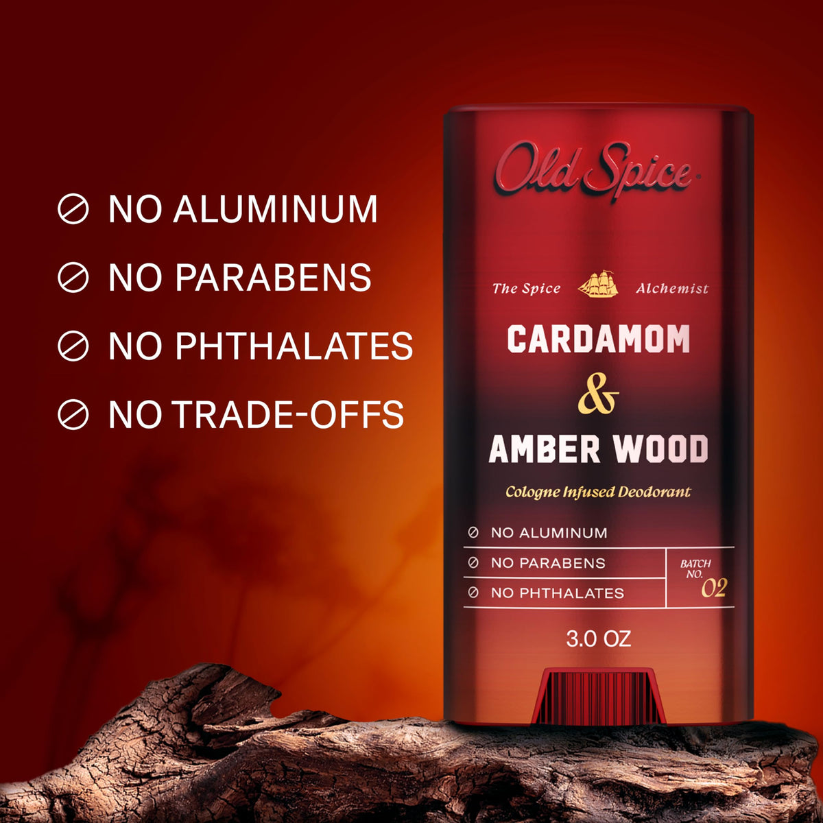 Old Spice side label with ingredient highlights and aluminum-free benefit