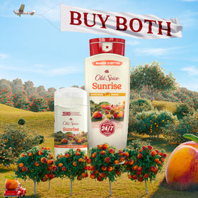 Old Spice Sunrise bottle on bath shelf suggesting organized grooming routine